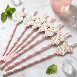 Pastoral Pink White Striped Paper Straws With Floral Card Decoration For Kids Birthday Party Tea Party Dessert Table Decor