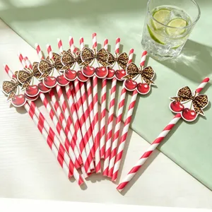 Leopardenmuster Papier Strohhalme Mit Schleife Und Kirsch Dekor Rot Und Weiß Gestreifte Trinkhalme Für Geburtstag Party Hochzeit Dessert Tisch Dekorationen