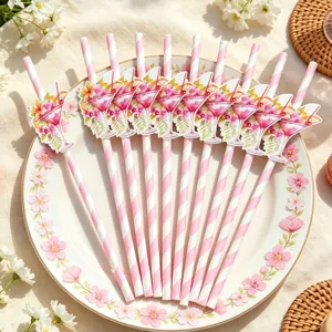 Pink Striped Paper Straws With Cocktail Cup Flower Decorative Card Tropical Theme For Children Birthday Party Dessert Table Decoration Drinking Straws
