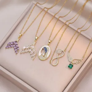 Titanium Steel Necklace For Women Retro Emerald Green Zirconia Pendant Fish Tail Angel Wings Infinity Symbol Artificial Pearl Inlaid Fashion Jewelry Accessories