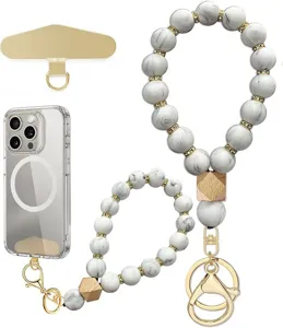 White marble-look bead straps with gold spacers, wooden beads, phone patch and clips on white