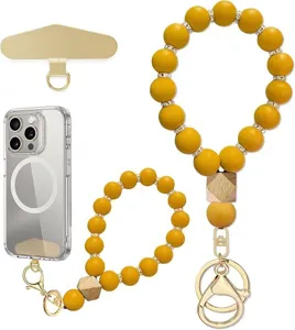 Yellow silicone bead wrist strap with gold-tone clips, wooden accent bead, and phone tether patch