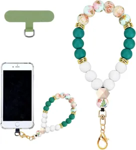 Beaded wrist strap with teal, white floral and wooden beads, gold fittings and phone connector
