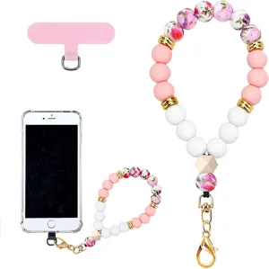 Phone shown with a pink-and-white beaded wrist strap, floral beads, gold clasp and attachment tab