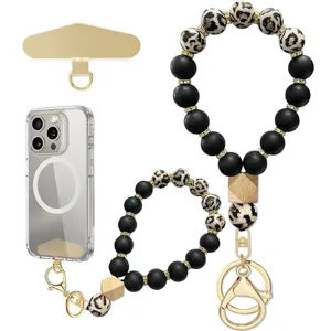 Silicone Bead Mobile Phone Wristlet Elastic Handmade Beaded Phone Strap With Metal Patch And Wood Beads For Women Jewelry