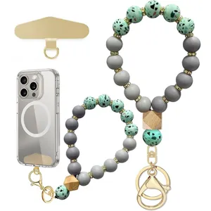 Beaded silicone phone wrist strap in speckled green and gray, with wooden beads and gold-tone clips
