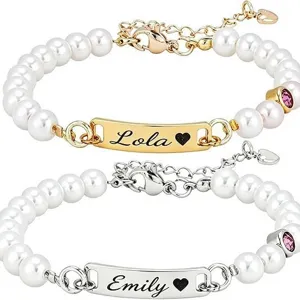 Personalized Stainless Steel Plate Artificial Pearl Bracelet Adjustable Name Necklace Birthstone Jewelry For Women Men Gift