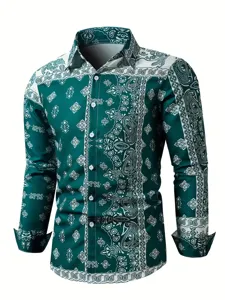 Men's Retro 3D Digital Printed Long Sleeve Shirt 100% Polyester Slim Fit Casual Formal Button Down Shirt For Business Party