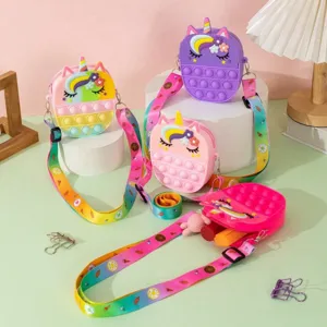 Simpatica Borsa a Tracolla in Silicone a Forma di Unicorno per Bambini Pop-it Fidget Portamonete per Ragazze Giocattolo Regalo