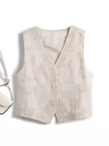 Damen Neo-chinesischer Stil Weste Mit Blumenstickerei V-Ausschnitt Schlanke Passform Jacquard Ärmelloses Top Haferflockenfarben