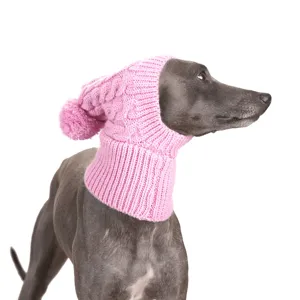 Hond met een roze gebreide kabelmuts en zachte pompon, afgebeeld tegen een witte achtergrond