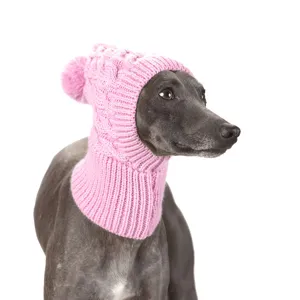 Grijze hond met roze gebreide capuchon met kabelpatroon, ribboord en pompon op witte achtergrond