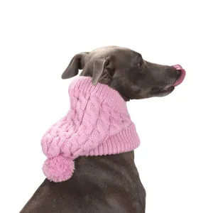 Grijze hond van opzij met een roze kabelgebreide capuchon en pluizige pompon op witte achtergrond