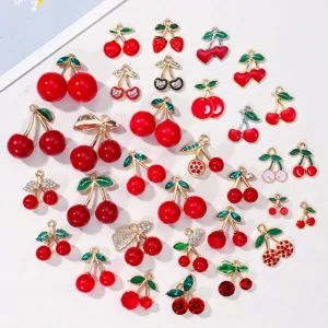 Pendentifs Cerise en Alliage avec Strass et Perle Artificielle Pendentif Fruit Émaillé pour DIY Collier Bracelet Porte-clés Décoration Bijoux