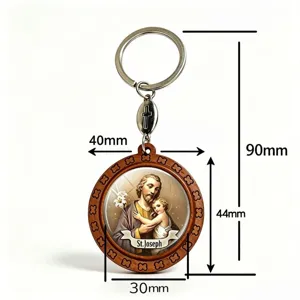 Front view of a wooden saint medallion with clover carvings, cross charm and size markings