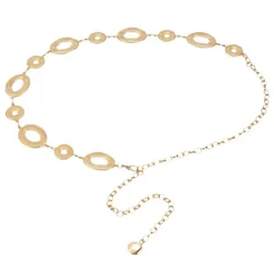 Goudkleurige ketting plat met open ovale en ronde schakels met textuur en een verstelbaar verlengstuk