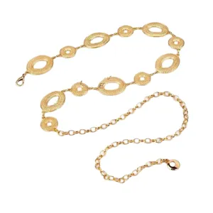 Goudkleurige tailleketting met opengewerkte ovale schakels, ringen en verstelbare verlengketting