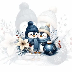 Primo piano di una decorazione adesiva con coppia di pinguini invernali, fiori, fiocchi e misure