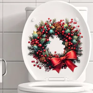 Sticker Abattant WC Couronne de Noël Baies Pommes de Pin Nœud Rouge Décoration Salle de Bain Festive PVC Imperméable Mural