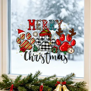 Vintage Hand Painted Christmas Paw Print Static Window Clings PVC Glue Free Glass Stickers For Holiday Atmosphere Decoration