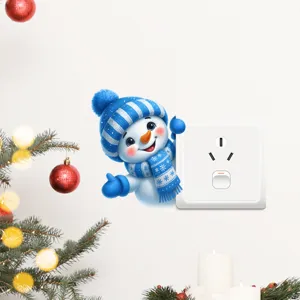 Sticker pour Interrupteur Bonhomme de Neige de Noël Chapeau à Rayures Bleu et Blanc Auto-Adhésif Sticker Mural en PVC