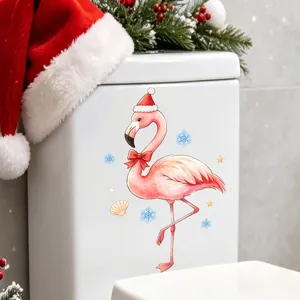 Sticker Couvercle de Toilette Flamant Rose de Noël PVC Imperméable Auto-adhésif Amovible Décalcomanie Animale Aquarelle Pour Décoration de Salle de Bain Cadeau de Noël