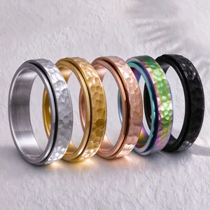 Fashion Stainless Steel Hammered Spinner Ring Wide Band Rotatable Anxiety Relief Band Minimalist Unisex Jewelry Gift