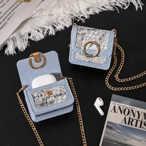 Retro Jacquard Earphone Case Portable Mini Jewelry Storage Bag Travel PU Leather Earbud Protector With Metal Chain For Women