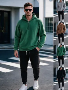 Completo Casual da Uomo in Pile Corale con Felpa con Cappuccio e Pantaloni Mezza Zip Manica Lunga Tuta Calda Invernale