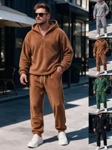 Heren Bovenkant En Onderkant Fleece Hoodie Trainingspak Halve Rits Sweatshirt Met Capuchon Joggingbroek Casual Warm Herfst Winter Sportkleding