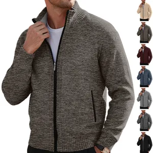 Men Knitted Cardigan Jacket With Plaid Fleece Lining Stand Collar Full Zip Slim Fit Thick Warm Casual Sweater Outerwear