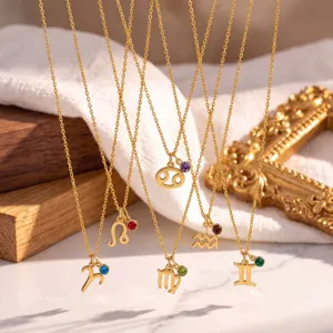 Exquisite Edelstahl Tierkreis Sternbild Anhänger Halskette Für Damen Bunte Strass Zwölf Zeichen Schmuck Geschenk Kette Halskette