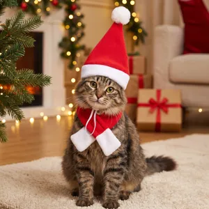 Christmas Pet Santa Hat And Scarf Set Red Soft Plush Costume For Cats Dogs Small Animals Festive Holiday Party Decoration Accessories