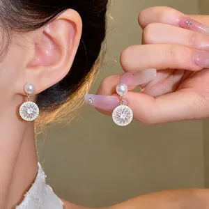 Korean Light Luxury Copper Rhinestone Artificial Pearl Drop Earrings For Women 925 Sterling Silver Post Geometric Round Dangle Earrings Jewelry
