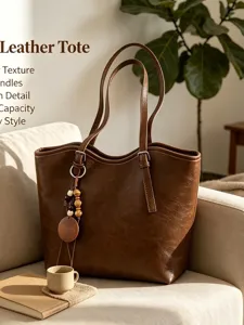 Bolso Tote de Cuero PU de Gran Capacidad para Mujer Bolso de Hombro Minimalista de Color Sólido Con Colgante de Borla de Madera Bolso Shopper de Moda