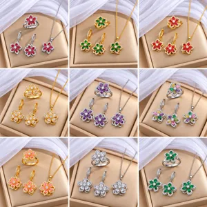 Juego de Joyas Florales de Acero de Titanio con Diamantes de Imitación Collar de Flor de Cinco Pétalos Pendientes Anillo para Mujer