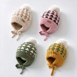 Toddler Winter Knit Hat Ear Protection Warm Thick Windproof Hairball Geometric Jacquard Beanie For Boys Girls