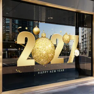 2026 Happy New Year Fensteraufkleber Weihnachten Statische Haftung Golden Doppelseitig PVC Abnehmbar Glas Shop Heim