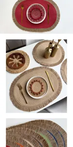 Table setting with braided fringed mats, plus a close-up of multicolor woven stripe details