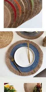 Colorful braided round placemats with fringed edges, shown close-up and styled with a plate
