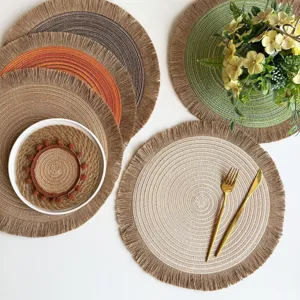 Vintage Round Jute Tassel Woven Placemat Heat Resistant Polyester Table Mat For Home Kitchen Dining Room Boho Decor
