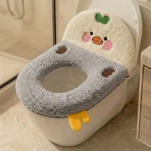 Close-up of a fluffy gray toilet seat cover with a cream duck face panel and yellow feet