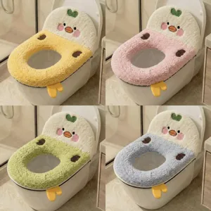 Winter Plush Cartoon Toilet Seat Cover Thick Warm Washable Embroidery Soft Toilet Lid Cover With Handle For Home Bathroom