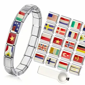 Charms Italiens en Acier Titane Motif Drapeau National pour Bracelet DIY Accessoires de Bijoux Modulaires Charms de Montre