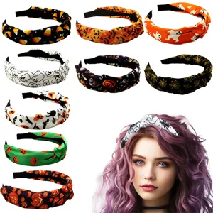 Halloween Knotted Headband Women Pumpkin Ghost Bat Pattern Top Knot Wide Hairband Festive Party Hair Accessories Cloth Headwrap Girls
