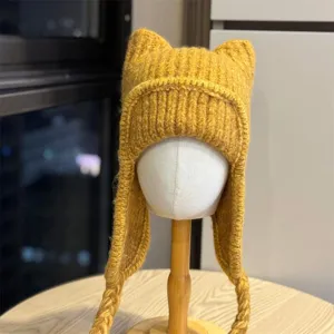 Women Cute Cat Ear Knitted Wool Hat Winter Thickened Warm Ear Protection Aviator Hat Fashion Braided Strap Ski Knitted Hat