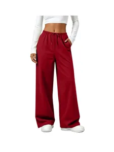 Dames Casual Wijde Pijpen Joggingbroek Hoge Taille Trekkoord Losse Broek Effen Kleur Gebreide Joggers Met Opgestikte Zakken Voor Dagelijkse Sport Thuis