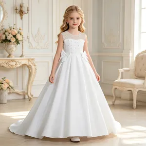 Abito da Damigella per Matrimonio Vestito da Concorso per Bambina Ricamato in Raso con Fiocco e Strascico per Festa Serale