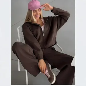Women's Solid Color Sporty Tracksuit Full Zipper Hoodie and Wide Leg Pants Top And Bottom Comfortable Casual Loungewear