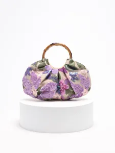 Women New Chinese Style Bamboo Handle Handbag Elegant Sequin Floral Embroidery Pleated Tote Bag Retro Vacation Style Handheld Bag